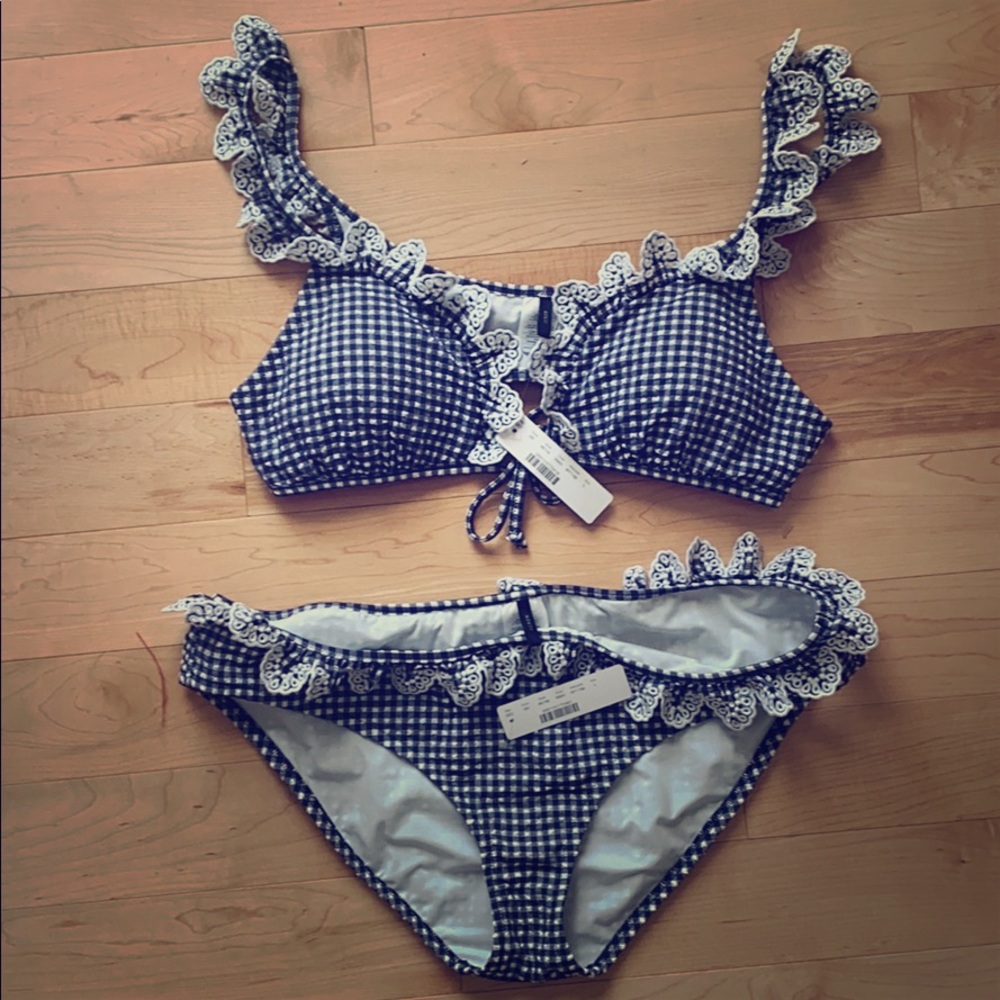 Jcrew blue gingham ruffle bikini sz L NWT